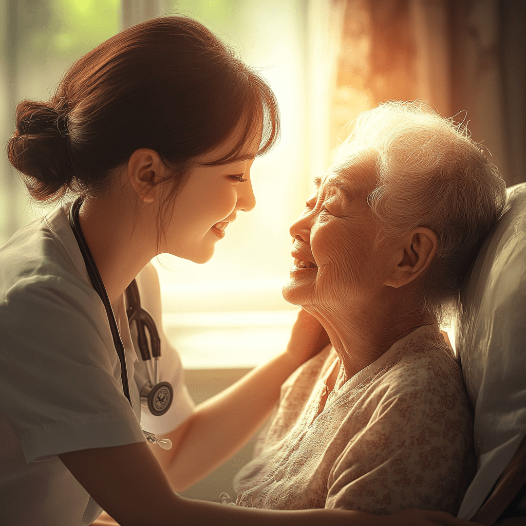 2025년 간병보험 간병인보험 핵심 비교분석 2 할머니와 할머니를 간병하고 있는 간병인의 모습