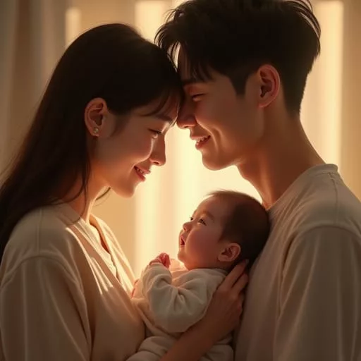 첫만남이용권 혜택을 받는 갓난아이를 안고 있는 부모