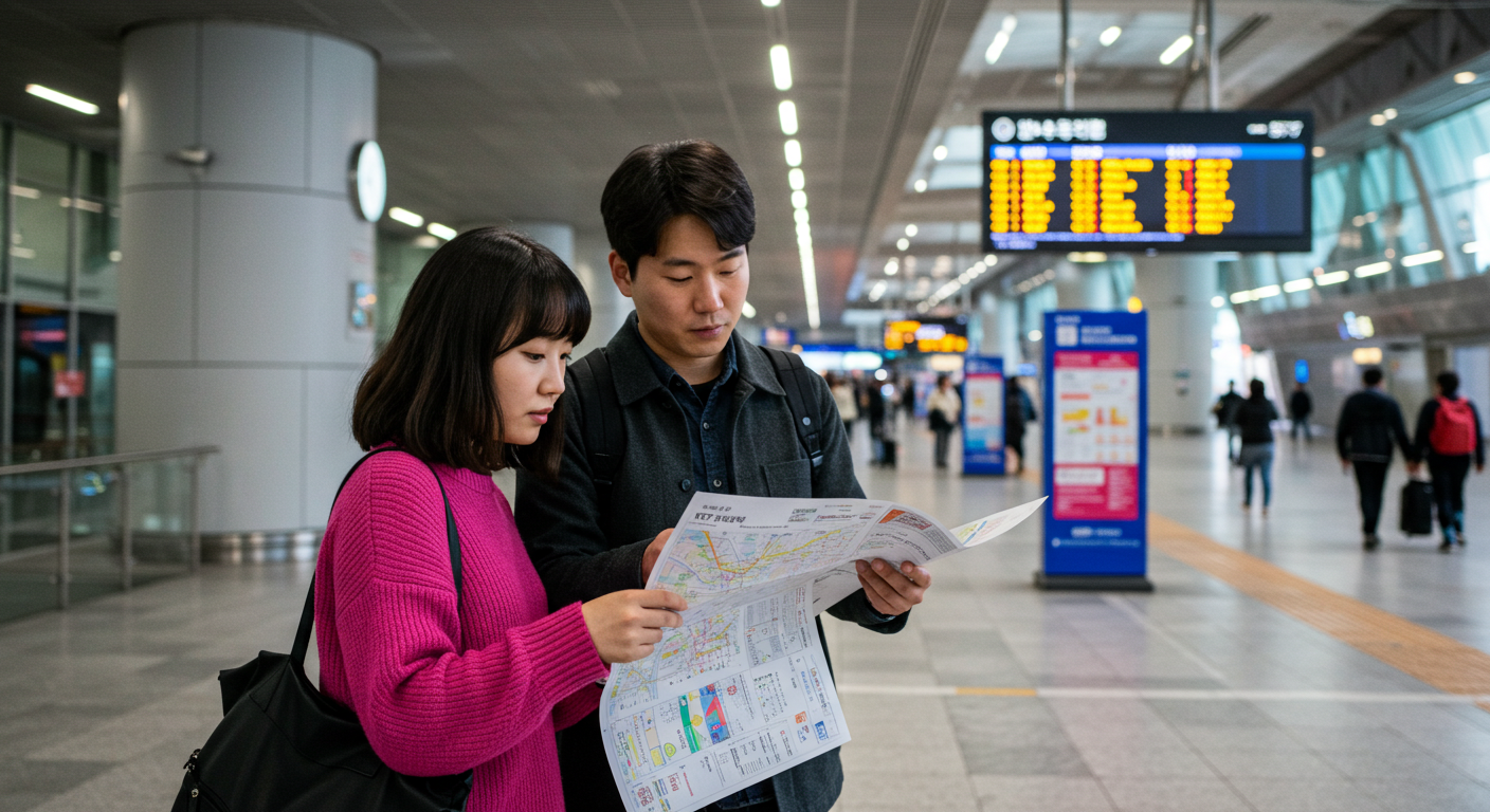 2025 추석 기차표 성공 비법: KTX·SRT 실전 대기열 공략과 취소표 타이밍 4 서울역에서 KTX와 SRT 노선도 및 좌석 지도를 비교하며 열차를 선택하는 한국인 부부