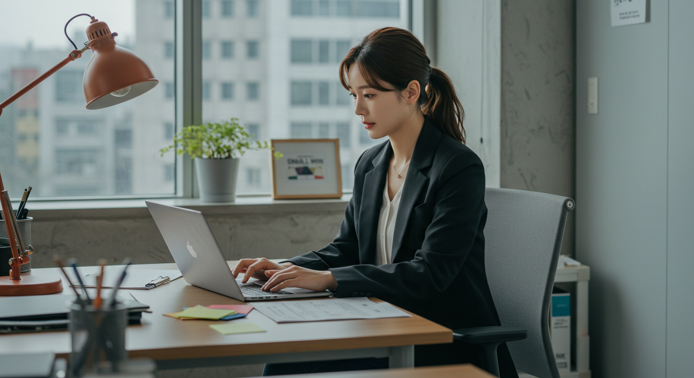 육아휴직 끝, 환수 없이 복직하는 법: 달력 한 장으로 해결! 3 한국인 직장인이 노트북으로 육아휴직 급여 시뮬레이션을 하는 모습