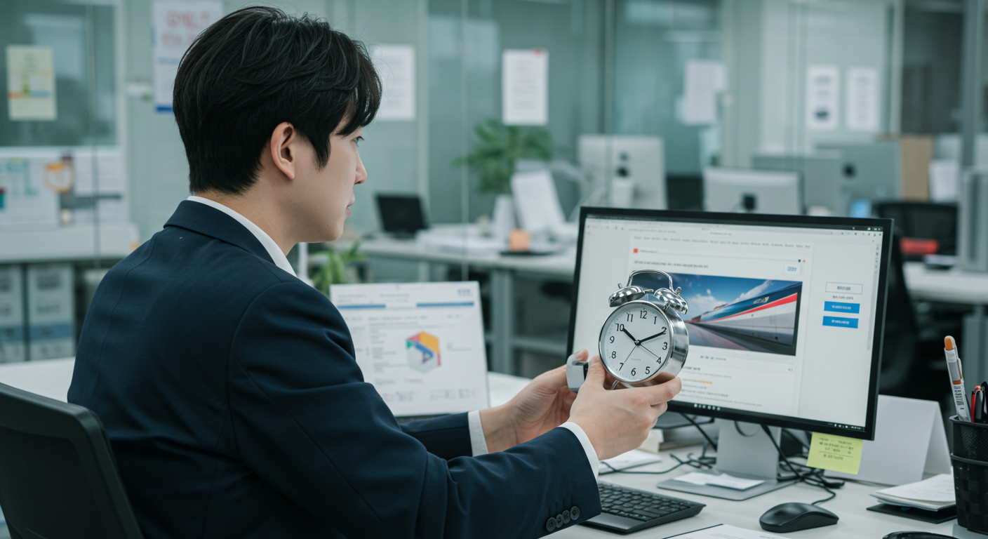 2025 추석 기차표 성공 비법: KTX·SRT 실전 대기열 공략과 취소표 타이밍 3 한국인 직장인이 회사 책상 앞에서 KTX 예매 사이트를 보며 표준시 시계를 맞추고 있는 모습
