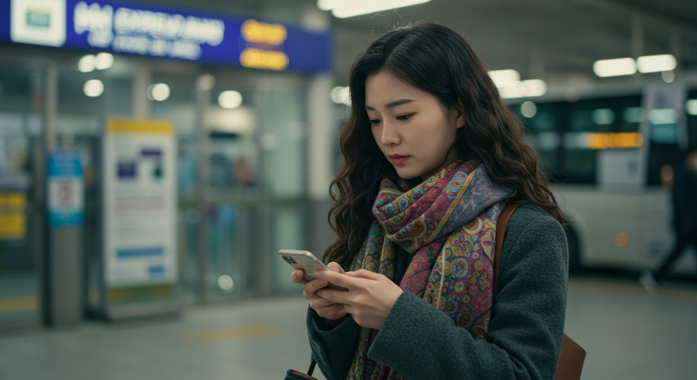 고속버스 vs 시외버스 좌석 완벽 가이드: 시간대·방향별 추천 2 고속버스터미널 출입구 앞에서 예매 앱을 확인 중인 한국인 여성