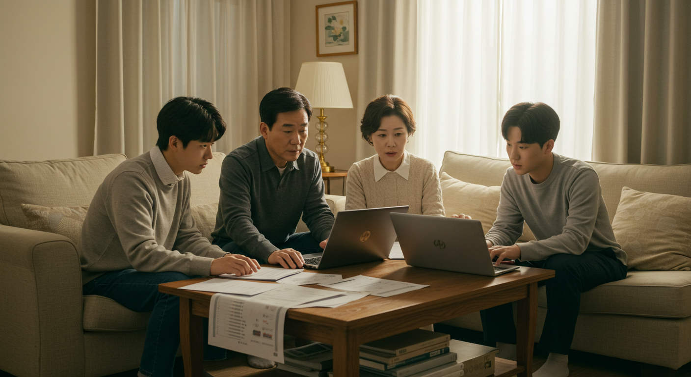 2025 민생회복 소비쿠폰 2차 지급 총정리: 지급일, 신청 대상, 방법, 사용처 완벽 가이드 4 가정집 거실에서 가족이 함께 앉아 서류와 노트북을 보며 소득 기준을 확인하는 장면