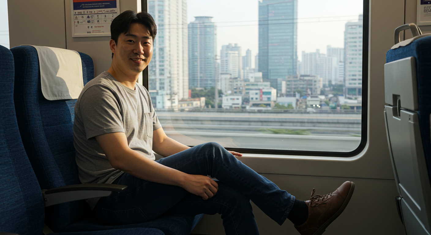 SRT 명당 좌석 공략법! 햇빛·소음·짐까지 완벽 정리 3 SRT 좌석에 앉아 레그룸 길이를 확인해보는 남성