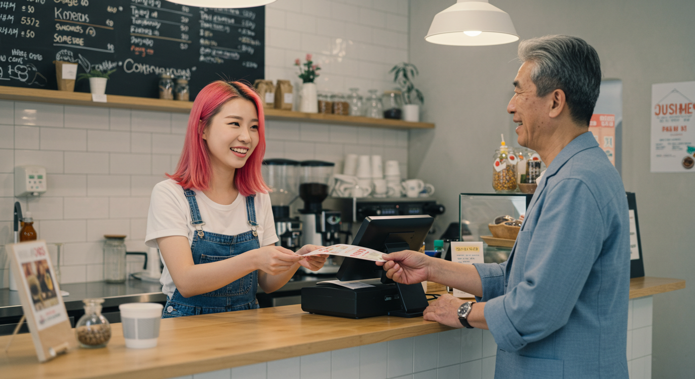 2025 민생회복 소비쿠폰 2차 지급 총정리: 지급일, 신청 대상, 방법, 사용처 완벽 가이드 7 동네 카페와 작은 가게에서 소비쿠폰을 사용해 결제하는 장면