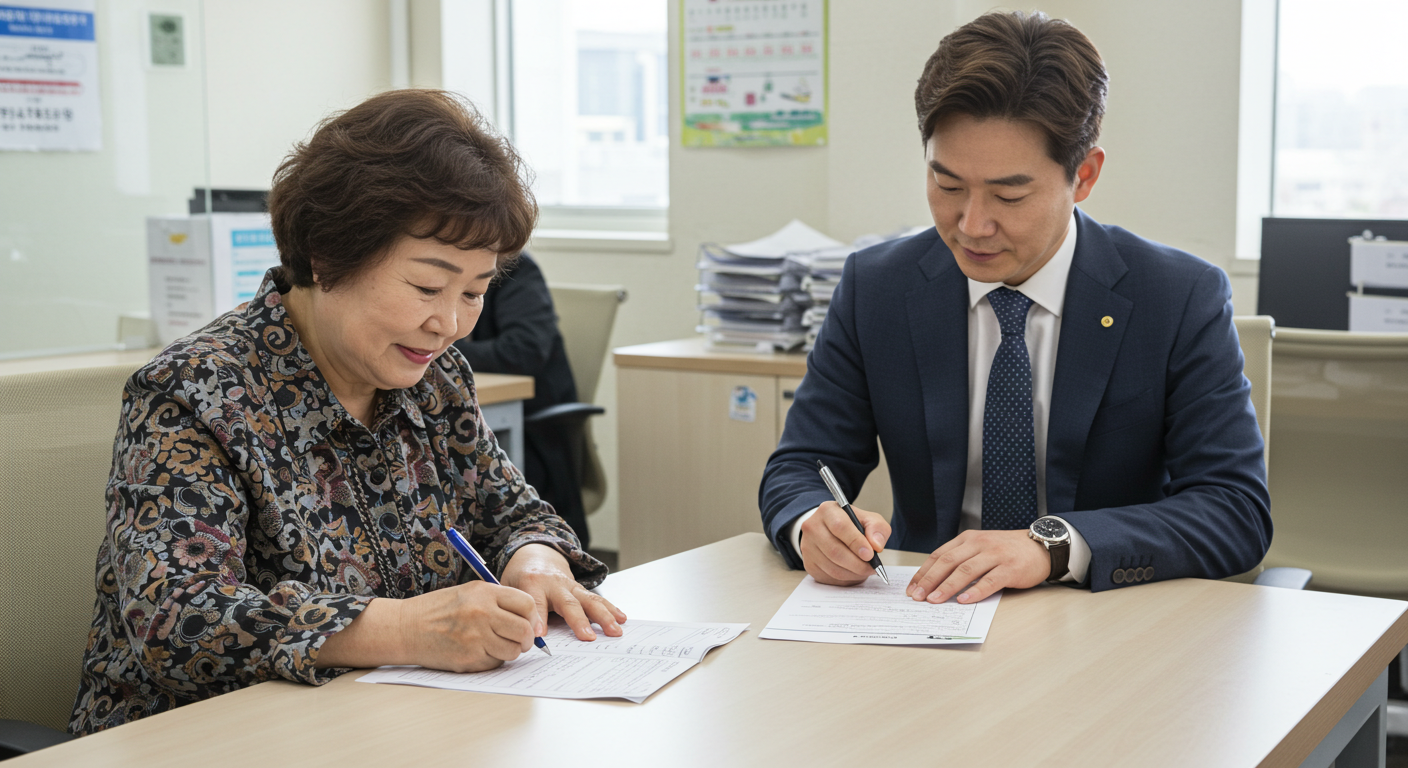 2025 민생회복 소비쿠폰 2차 지급 총정리: 지급일, 신청 대상, 방법, 사용처 완벽 가이드 6 주민센터 창구에서 신청서를 작성하는 시민과 상담해주는 직원의 모습