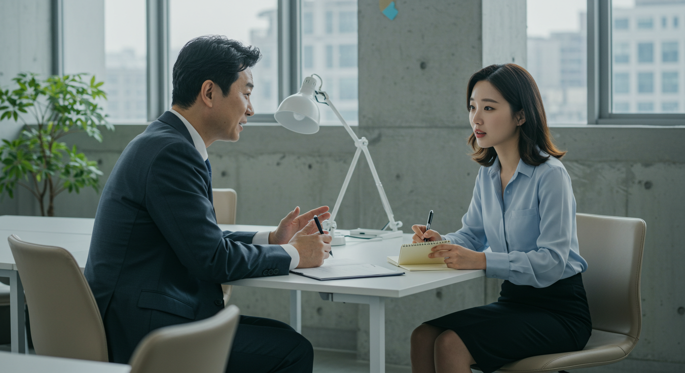 육아휴직 끝, 환수 없이 복직하는 법: 달력 한 장으로 해결! 4 한국인 여성 직장인이 회의실에서 동료와 1:1 미팅을 하며 복직 루틴을 논의하는 장면