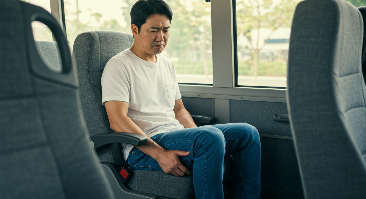 고속버스 vs 시외버스 좌석 완벽 가이드: 시간대·방향별 추천 6 고속버스 2열 바퀴 위 좌석에 앉은 한국인 남성이 무릎 각도를 불편해하는 모습