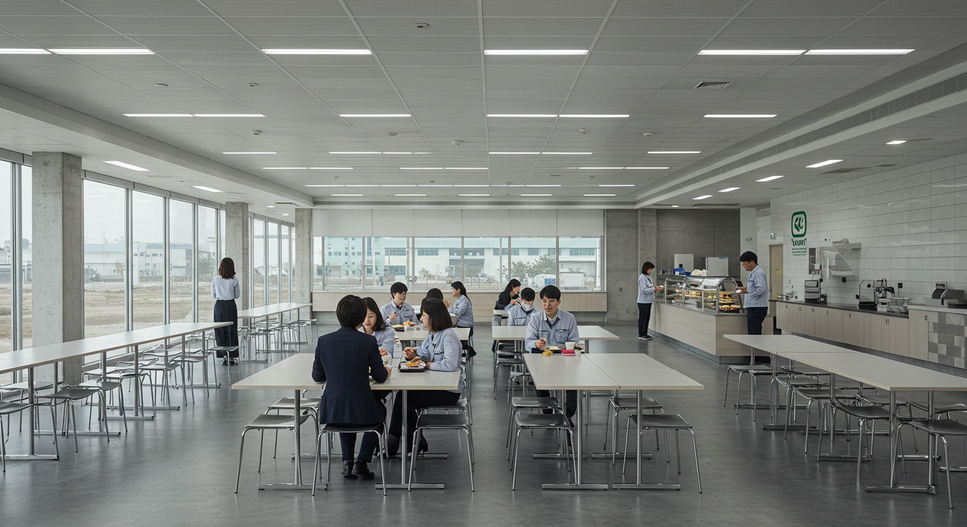 2026년 직장인 식사비 지원 시범사업 총정리: 대상, 혜택, 신청방법 3 구내식당에서 식사 중인 한국인 직장인들 모습