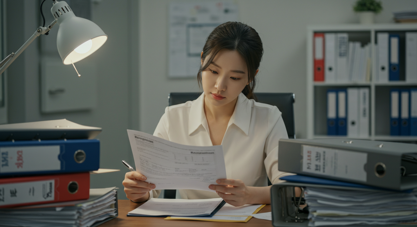 육아휴직 끝, 환수 없이 복직하는 법: 달력 한 장으로 해결! 5 육아휴직 중 이직을 고민하는 한국인 직장인이 문서 더미와 서류함 앞에서 퇴사 서류를 정리하는 모습