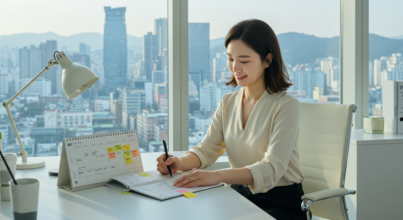 육아휴직 끝, 환수 없이 복직하는 법: 달력 한 장으로 해결! 2 육아휴직 후 복직을 준비하는 한국인 워킹맘이 책상 앞에 앉아 달력에 표시를 하며 계획을 세우는 모습