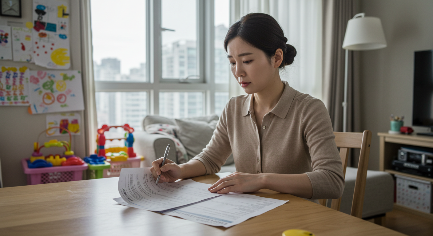 육아휴직 끝, 환수 없이 복직하는 법: 달력 한 장으로 해결! 6 한국인 워킹맘이 아이의 등원 시간표와 구직 계획서를 함께 검토하며 실업급여를 준비하는 장면