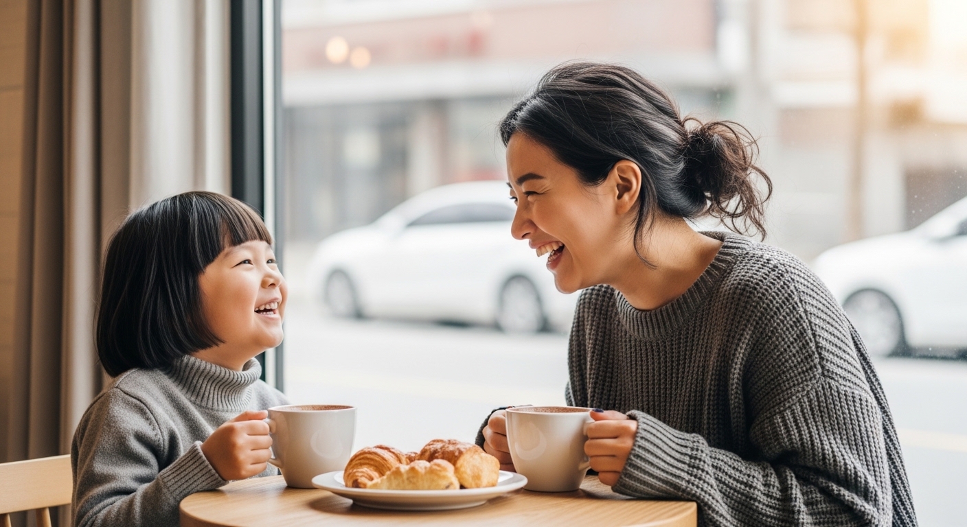 2026년 2월 복지급여 조기 지급 가이드: 28종 목록 및 13일 수령 확인법 7 커피숍에서 빵과 음료를 먹으며 마주보면서 환하게 웃고 있는 엄마와 딸의 모습