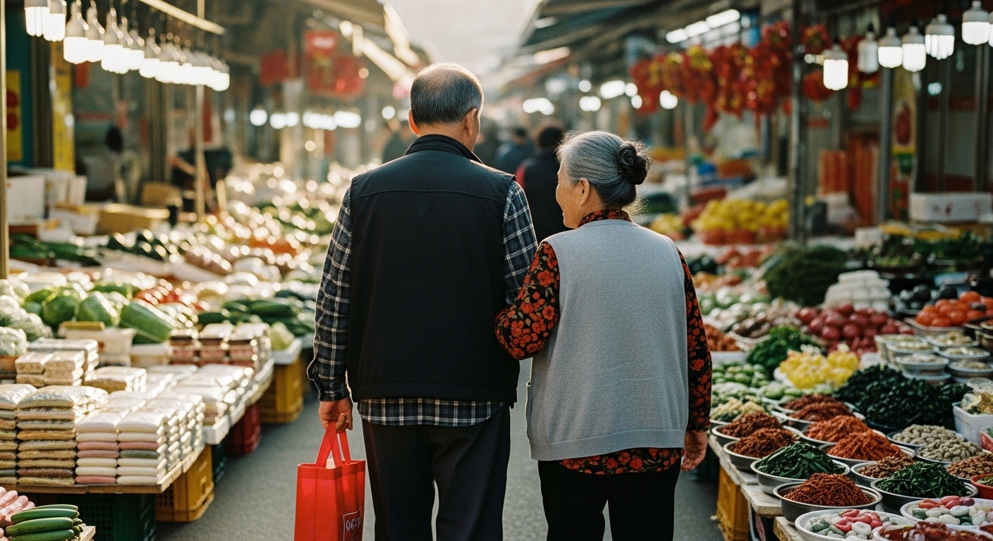 2026년 2월 복지급여 조기 지급 가이드: 28종 목록 및 13일 수령 확인법 6 시장을 걷고 있는 노부부의 뒷모습